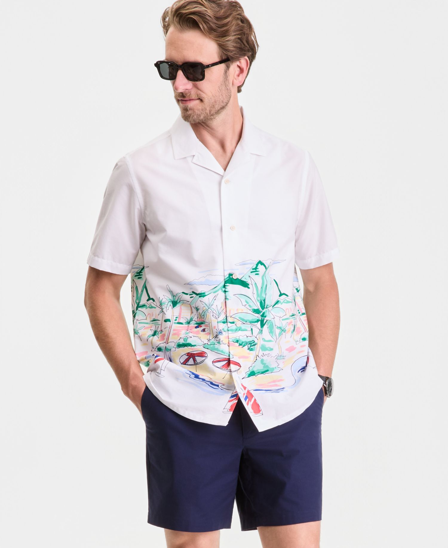 Men's Camp Collar Scenic Print Short-Sleeve Shirt