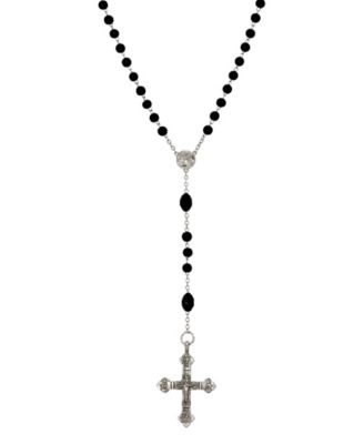 Silver Tone Black Glass Bead With Pewter Crucifix Rosary Necklace