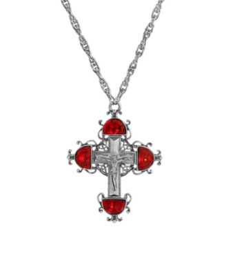 Silver Pewter-Tone Cross Siam Red Crystals 28" Necklace