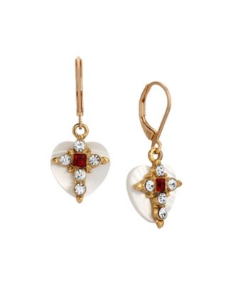 Gold Tone MoP Heart Siam Crystal Cross Leverback Earrings