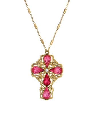 Gold-Tone Pink Rose Teardrop Crystal Pendant Cross 28" Necklace