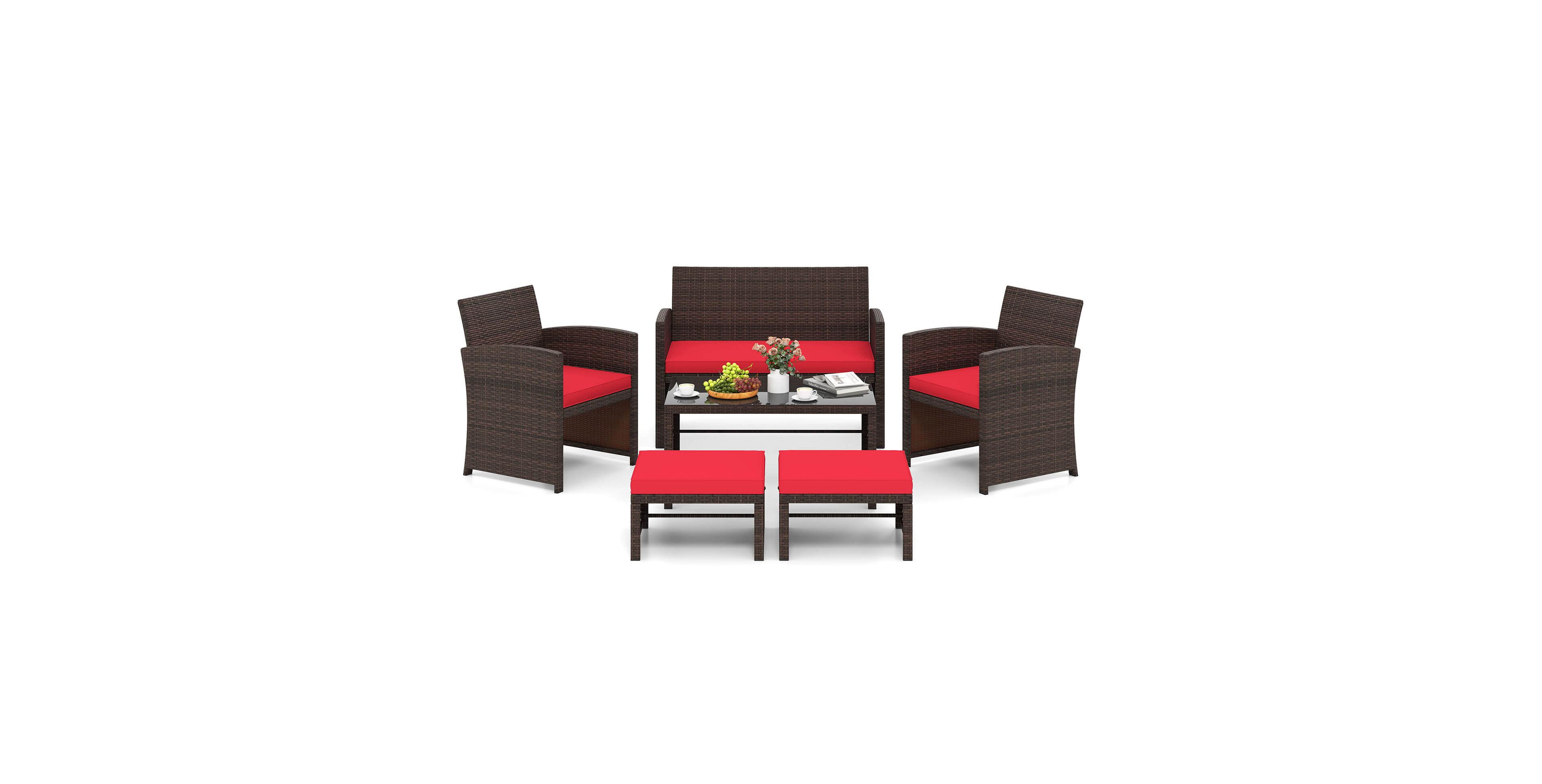 Gymax 6 Pcs Patio Furniture Set w/ 1 Loveseat 1 Coffee Table 2 Armchairs 2 Ottomans