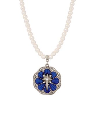 Silver-Tone Star of Bethlehem Blue Enamel Imitation Pearl Necklace