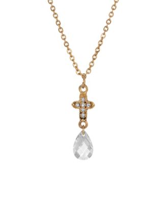 Gold-Tone Cross with Clear Crystals Clear Briolette Drop 16" Necklace