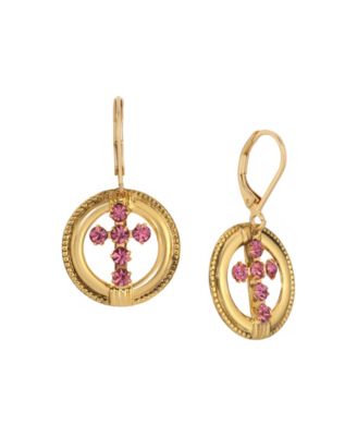 14k Gold Dipped Green Peridot Crystal Cross Leverback Earrings