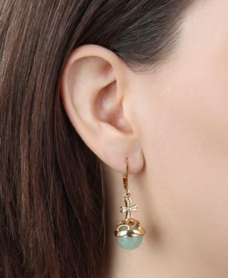 14k Gold Dipped Faux Pearl Stone Clear Crystal Cross Leverback Earrings