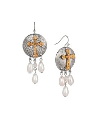 Silver Tone 14k Gold Dipped Cross With Drop Faux Pearls Wire Earrings