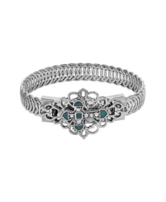 Silver Tone Green Enamel Cross Bracelet