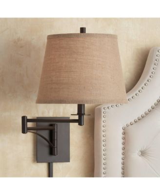 Brinly Farmhouse Rustic Swing Arm Wall Lamps Set of 2 Matte Brown Metal Plug-in Light Fixture Burlap Shade for Bedroom Living Room