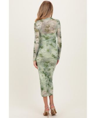 Maternity Light Olive Floral Mesh Overlay Maxi Dress
