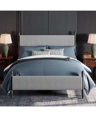 Queen Upholstered Bed Frame with Velvet Headboard, Corduroy Platform, Easy Assembly
