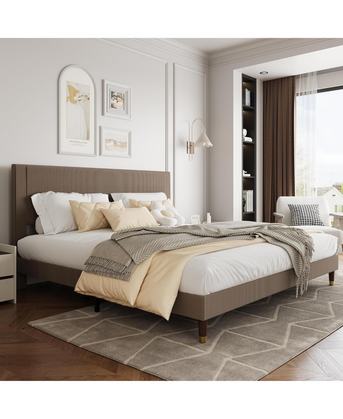 gaomon King Upholstered Bed Frame with Headboard, Corduroy Platform with Wood Slats Support