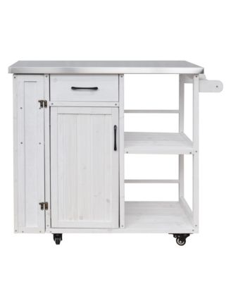 Outdoor Kitchen Island Fir Wood Prep Station Cart with Stainless Top, Storage, Towel and Spice Racks