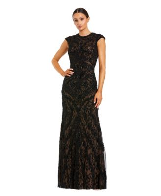 Women's Beaded Lace Mesh High-Neck Sleeveless Column Gown
