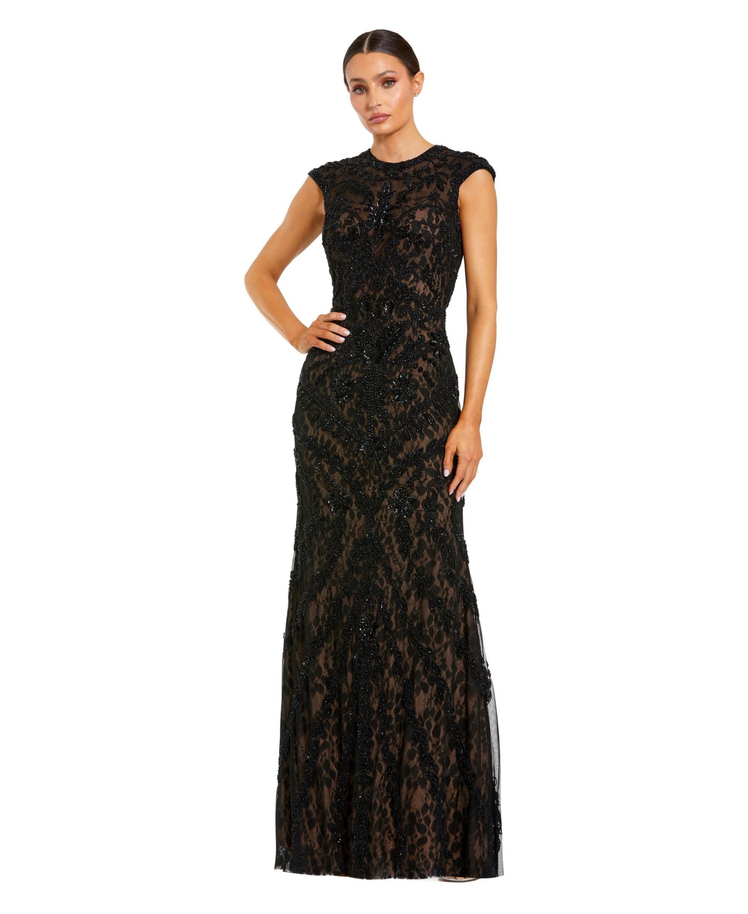 Women's Beaded Lace Mesh High-Neck Sleeveless Column Gown