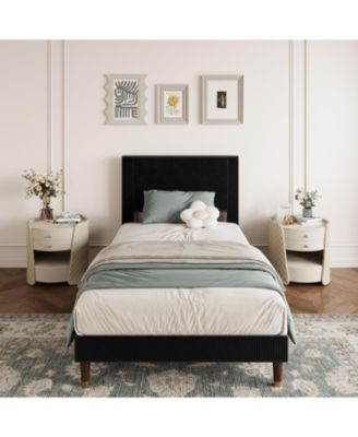 Twin Upholstered Bed Frame with Headboard, Corduroy Platform with Wood Slats