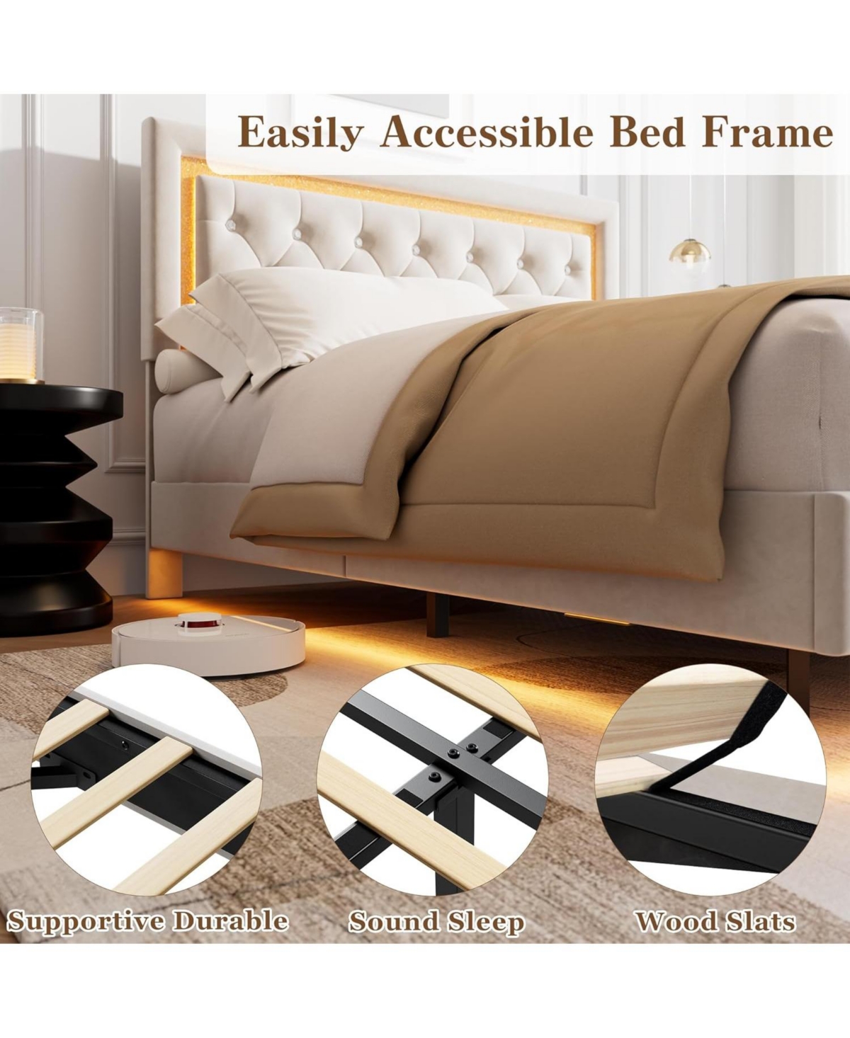 gaomon Queen Floating Bed Frame with Led Lights, Upholstered Platform with Diamond Headboard, Wood Slats Support