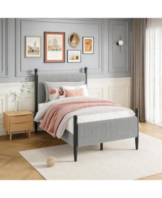 Twin Upholstered Bed Frame with Velvet Headboard, Corduroy Platform, Wood Slats Support