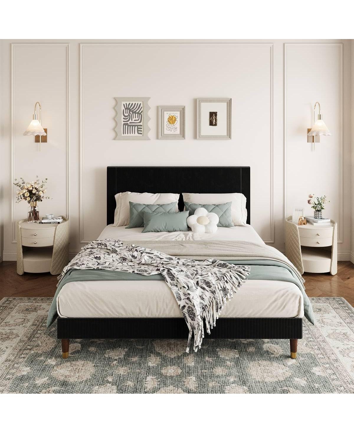 gaomon Queen Upholstered Bed Frame with Headboard, Corduroy Platform with Wood Slats Support