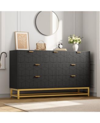 Modern 7 Drawer Wide Dresser Chest, Gold Metal Legs & Handles, Wood Storage Organizer for Bedroom Living Room