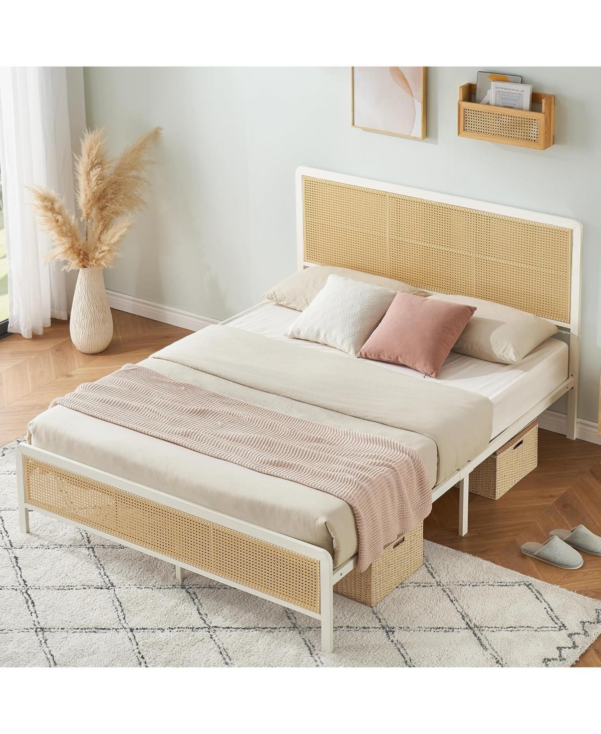 gaomon Queen Rattan Bed Frame with Headboard, Boho Cane Platform with Steel Slats Support