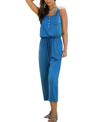 Women's Sleeveless Henley Drawstring Waist Jumpsuit