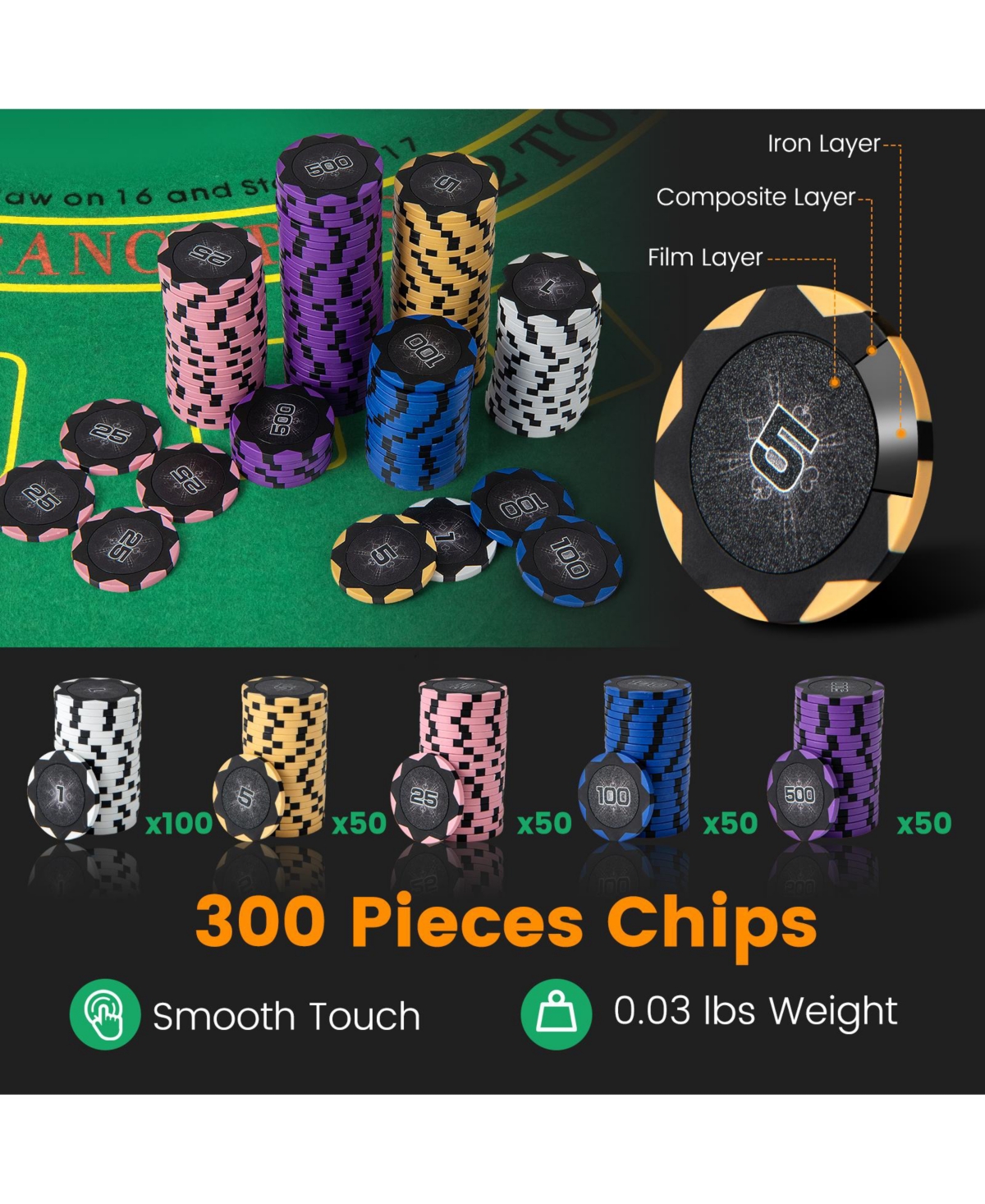 Slickblue 14 Gram Poker Chips 300 Pieces Casino Poker Chip Set