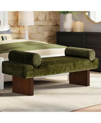 60" Chenille Bedroom Bench, End of Bed Upholstered Bench with Bolsters
