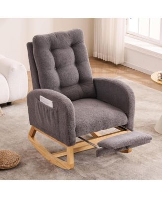 Teddy Fleece Plush Rocking Accent Chair, Ergonomic Recliner with Side Storage Pocket and Retractable Footrest for Living Room, Balcony