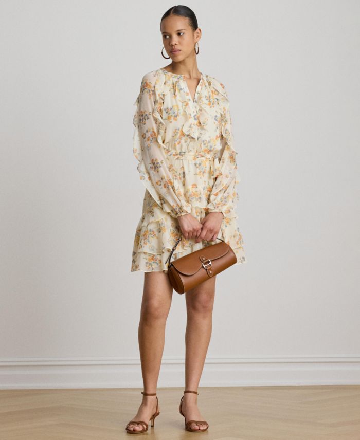 Lauren Ralph Lauren Women's Band Collar Floral Ruffle-Trim Tiered Dress