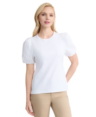 Women's Eyelet Puff-Sleeve Crewneck Top