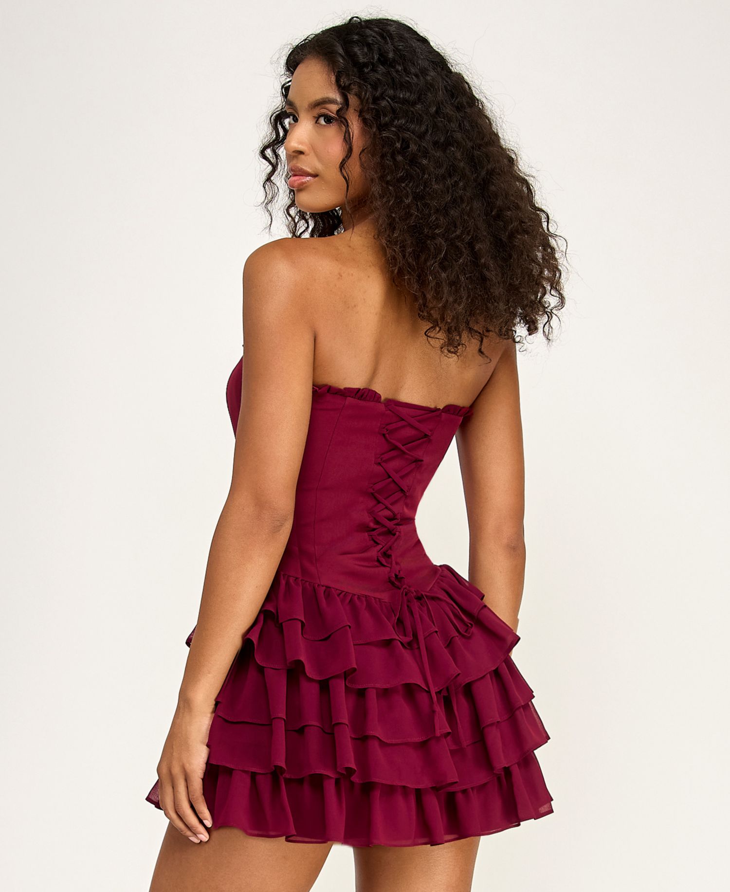 Juniors' Strapless Tiered Ruffle Mini Dress