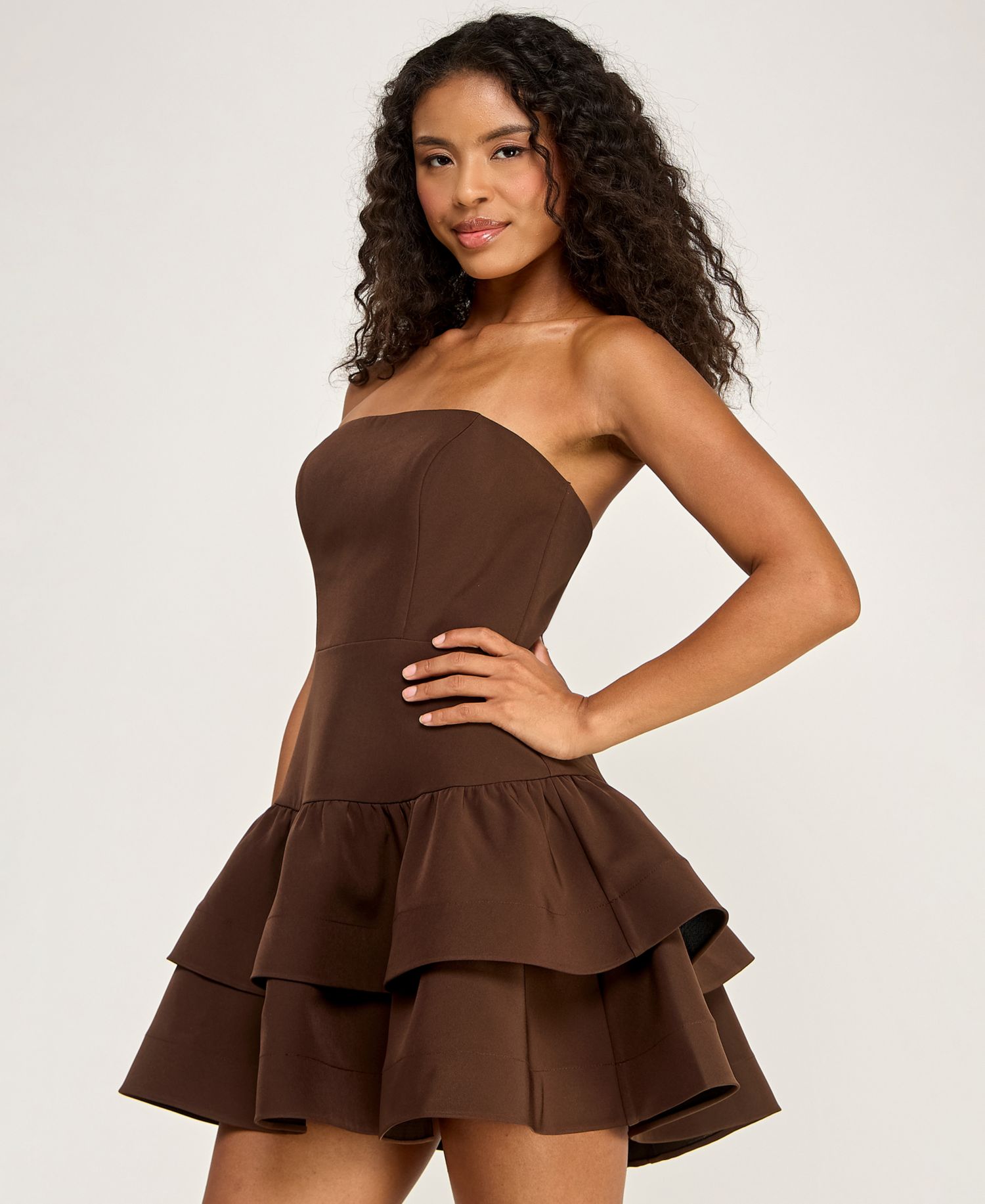 Juniors' Strapless Drop-Waist Tiered Mini Dress