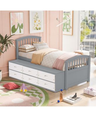 Twin Size Platform Storage Bed Solid Wood Bed with 6 Drawers