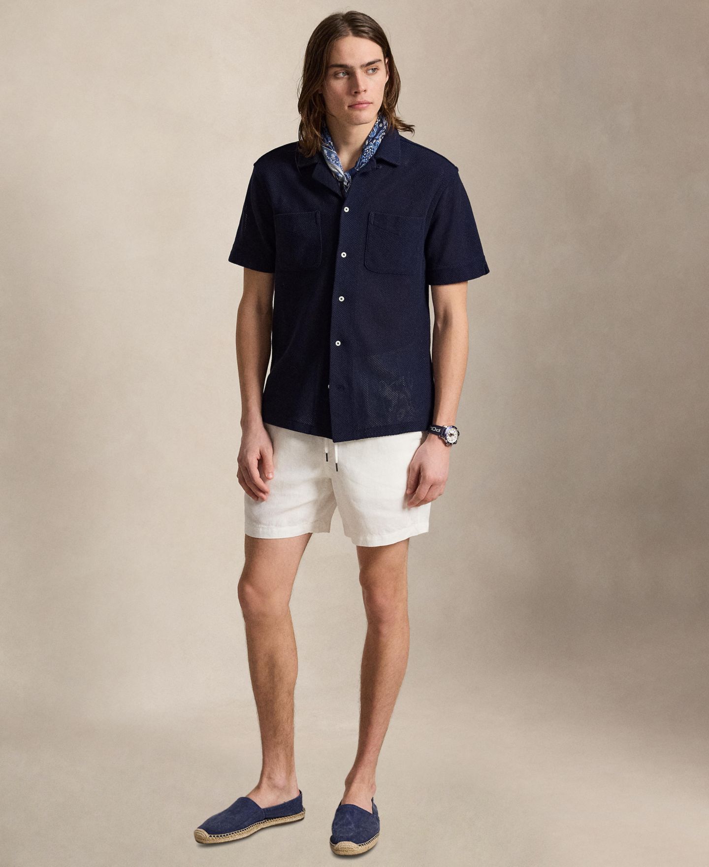 Мужская рубашка Polo Ralph Lauren Textured Pointelle Camp, цвет: Тёмно-синий — фото 2
