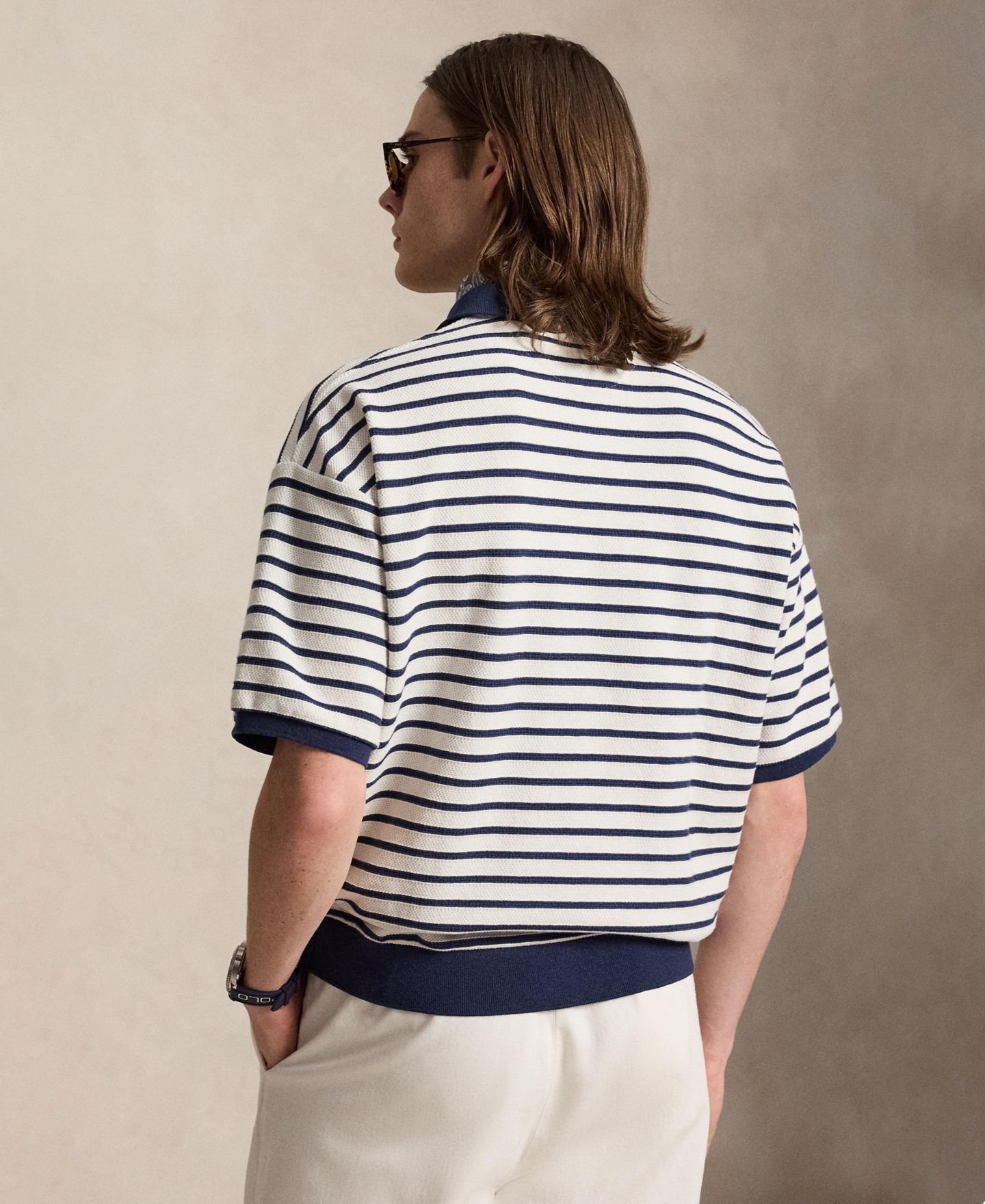 Мужское поло Polo Ralph Lauren Relaxed-Fit Striped Textured Polo Shirt, цвет: Тёмно-синий — фото 4