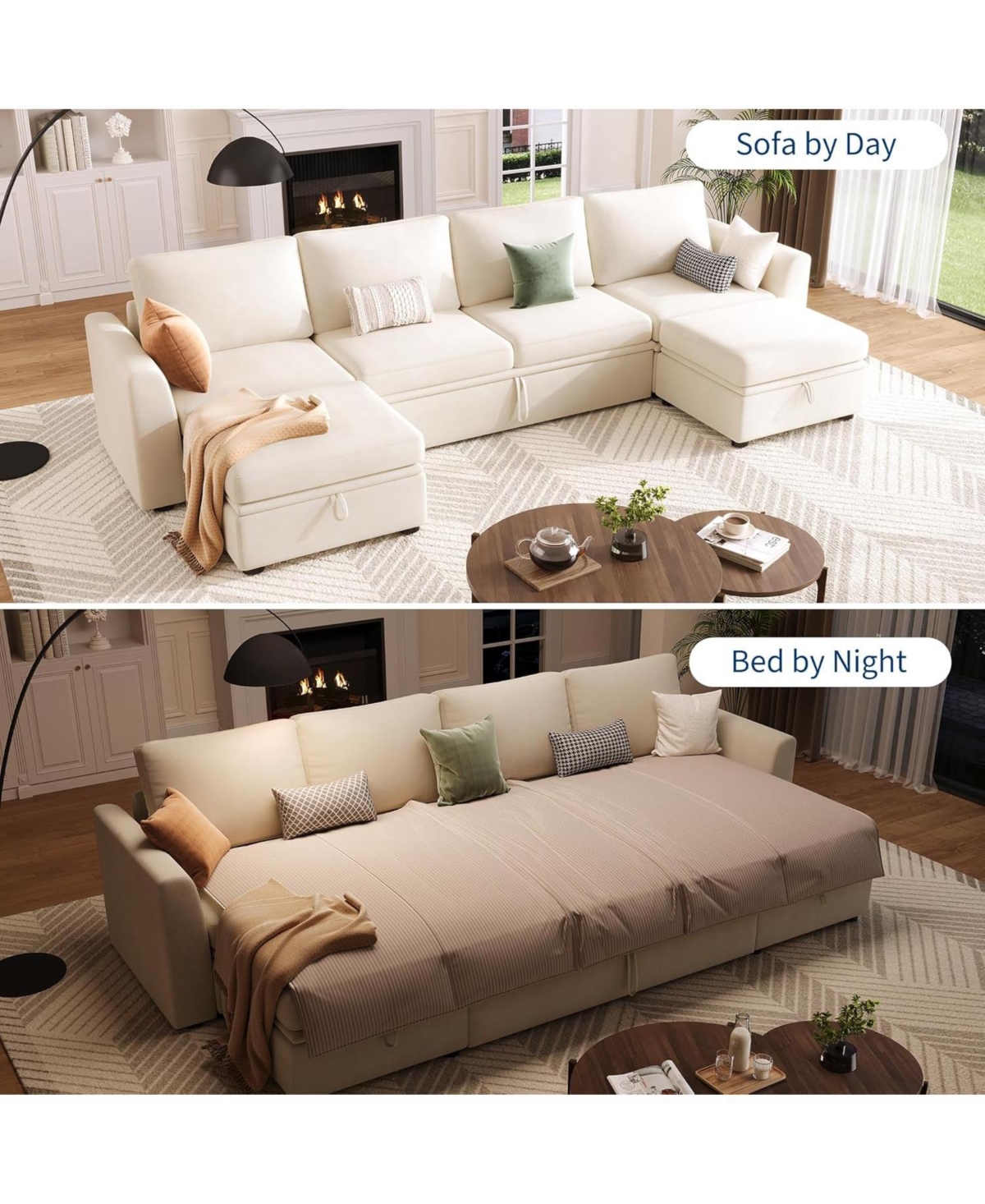 gaomon Sectional Sleeper Sofa with Pull Out Bed, Chenille Modular Sectional Couch with Pull Out Couch and Storage Seat & 2 Ottomans