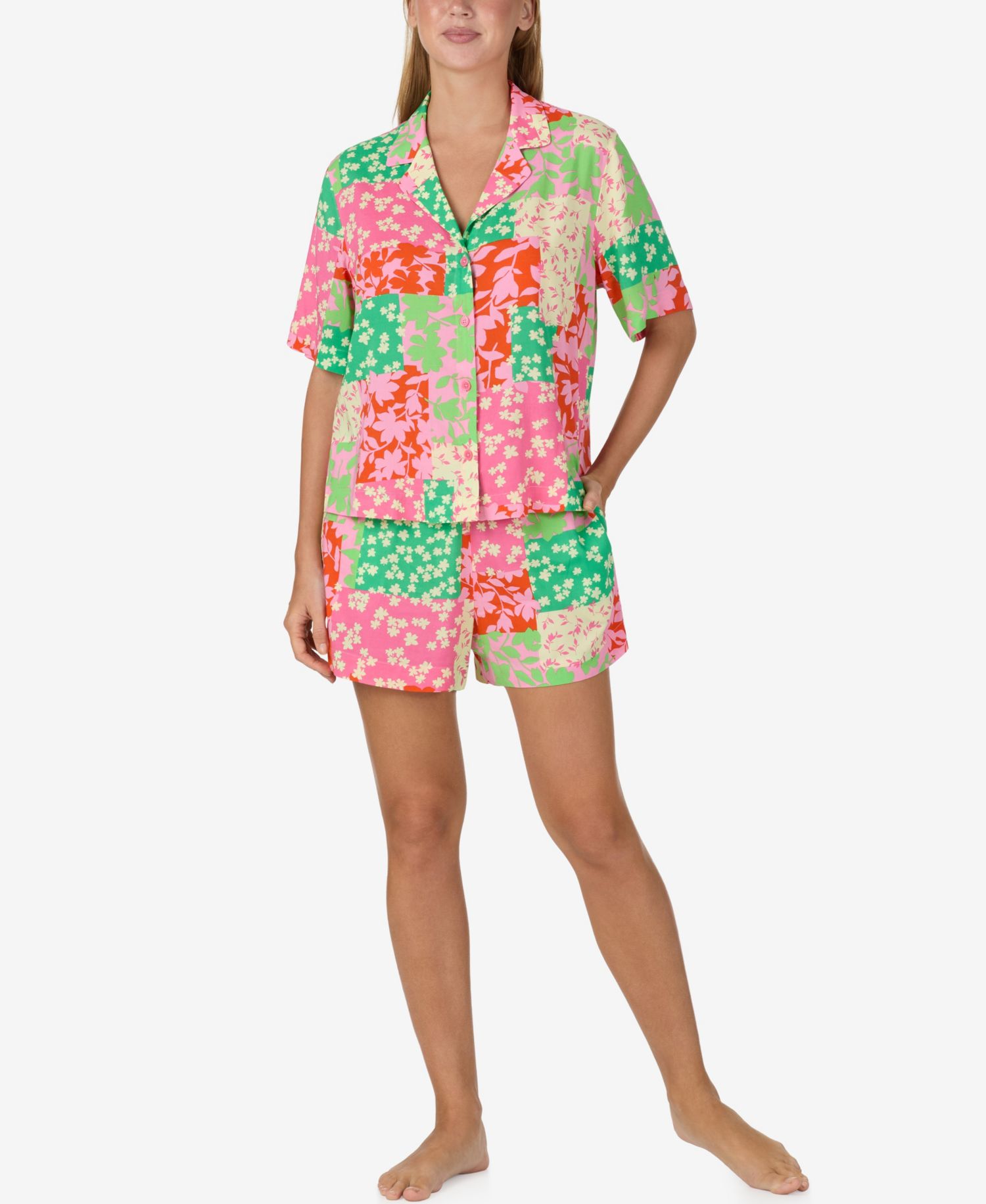 Women's Notch Collar Top and Mid-Rise Boxer Shorts, 2-Piece Set