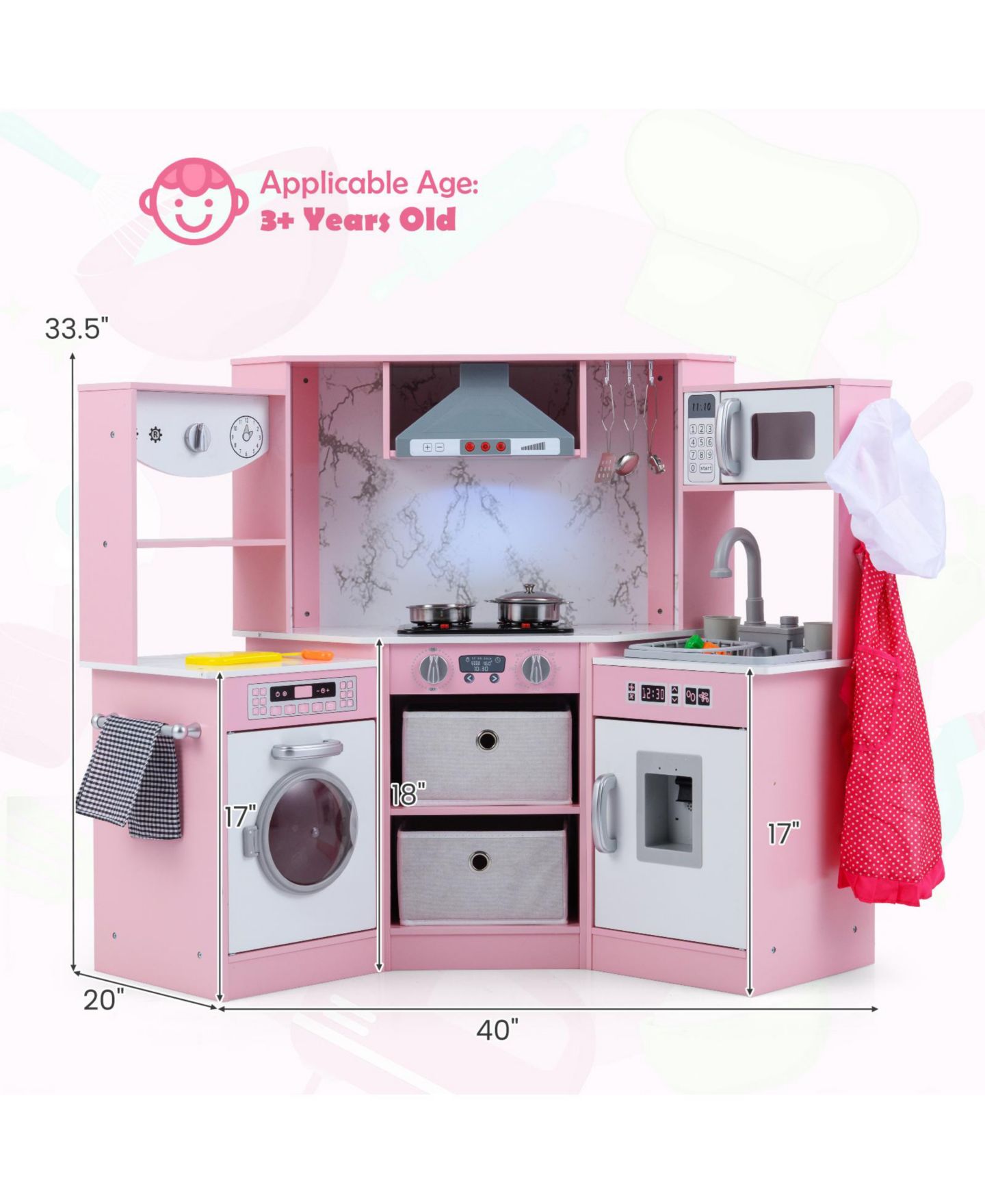 Детская игрушка Slickblue Wooden Play Kitchen with Lights and Sounds, от 3 лет, цвет: Розовый — фото 3