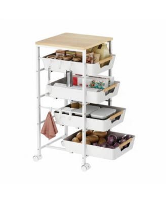 5-Tier Slim Rolling Storage Cart Wooden Top Pull-Out Baskets Narrow Space Organizer for Kitchen Bathroom Laundry
