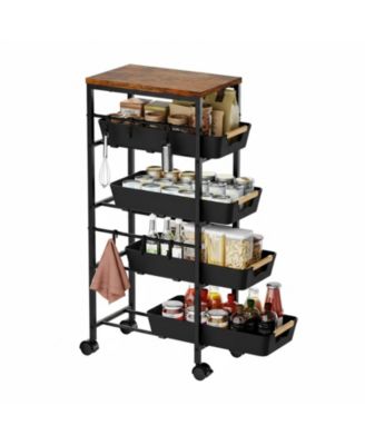 5-Tier Slim Rolling Storage Cart Wooden Top Pull-Out Baskets Narrow Space Organizer for Kitchen Bathroom Laundry