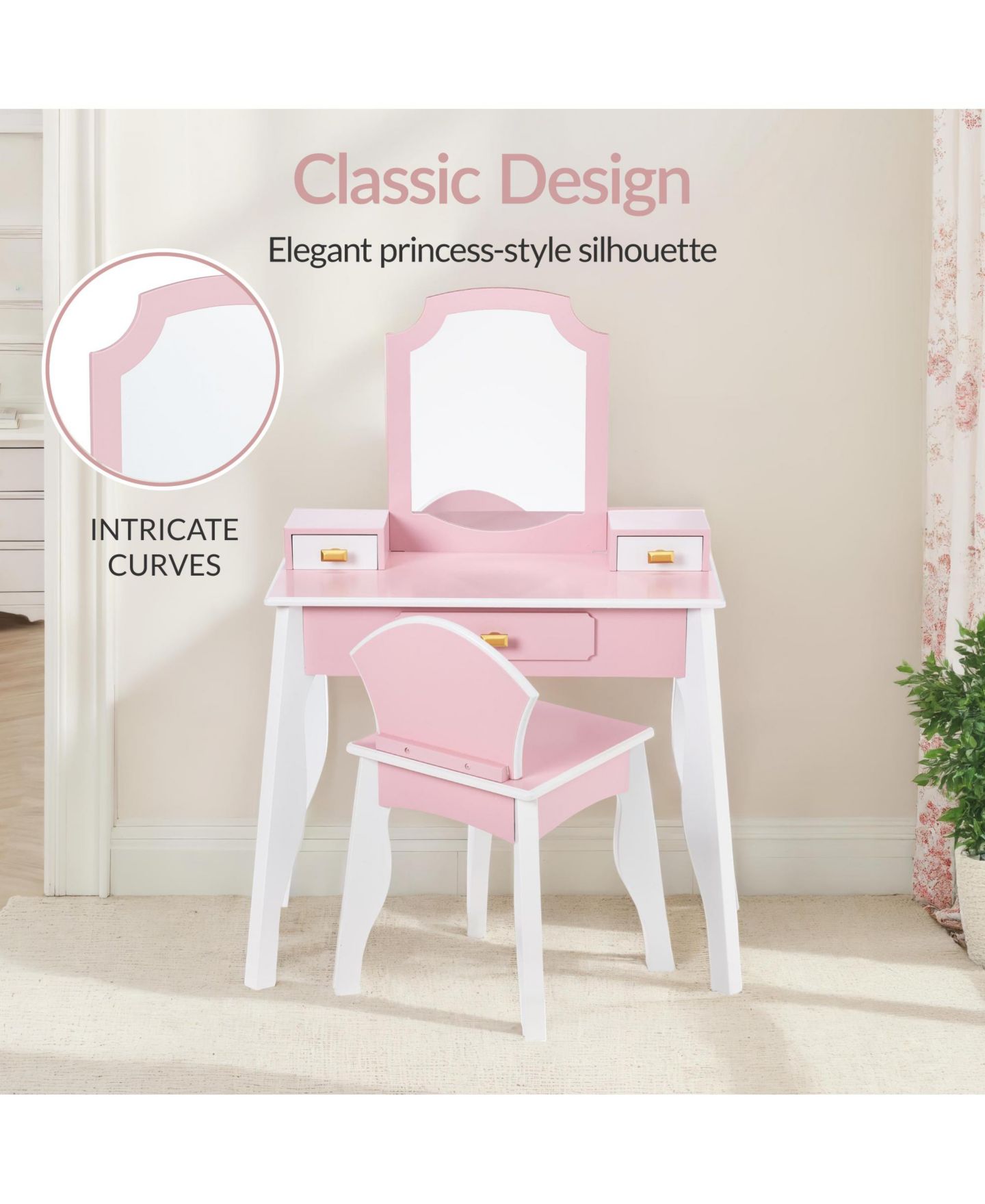 Детские игрушки Best Choice Products Wooden Vanity with Mirror and Drawers, 2-Piece Set, от 3 лет, цвет: Розовый — фото 3