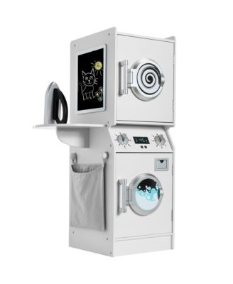 Pretend Play Kids Wooden Stacked Washer and Dryer Set w/ Toy Laundry Storage and Accessories