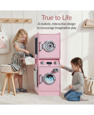 Pretend Play Kids Wooden Stacked Washer and Dryer Set w/ Toy Laundry Storage and Accessories