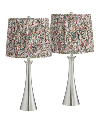 Karl  Tall Modern Table Lamps Set of 2 USB Port AC Power Outlet Brushed Nickel Finish Metal Meadow Shade Charging