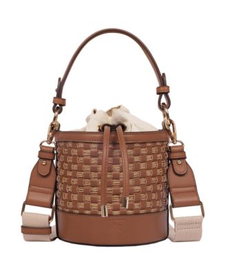 Raffia and Woven Drawstring Bucket Bag - Convertible Top Handle and Crossbody