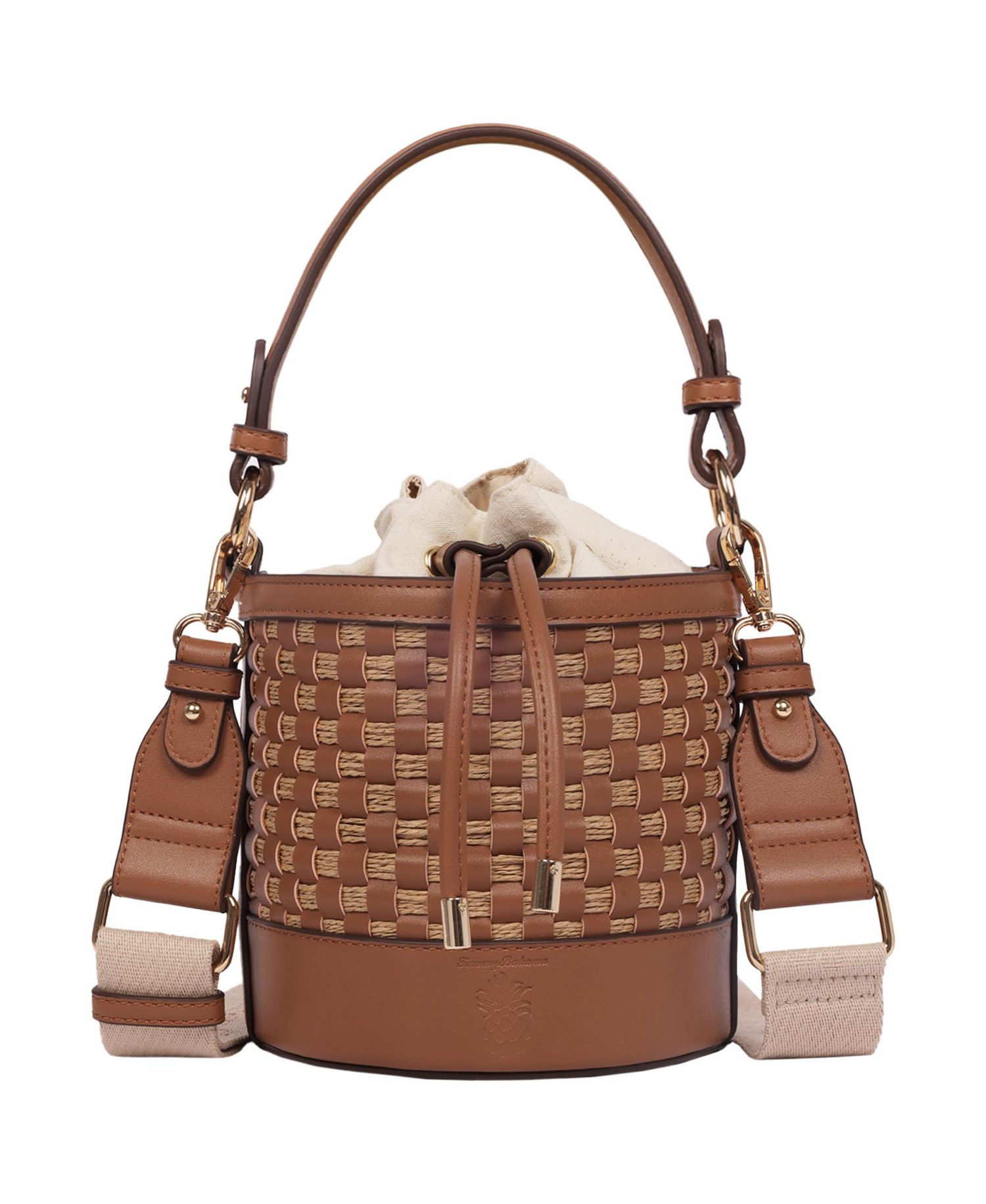 Raffia and Woven Drawstring Bucket Bag - Convertible Top Handle and Crossbody