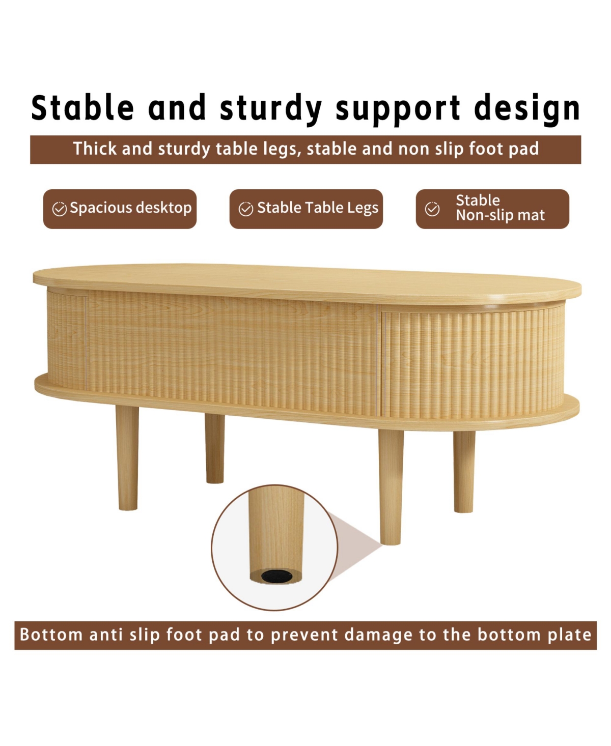 Rainsken Fluted Lift-Top Oval Wood Center Table with Hidden Storage
