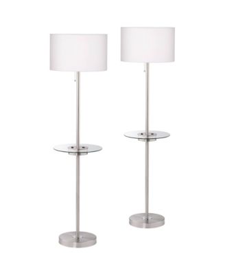 Caper Modern Floor Lamps with Tray Table 60 1/2" Tall Set of 2 USB and Outlet Fabric Drum Shade for Living Room