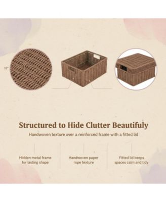 Wicker Storage Baskets With Lids 3-Piece Set Premium Plastic Rattan Handcrafted Organizing Bins for Home Decor